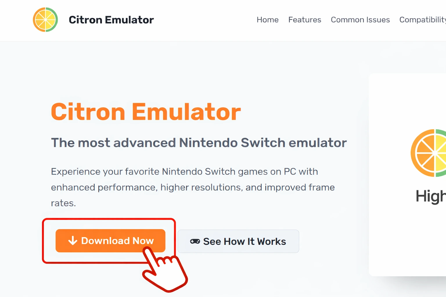 Citron Emulator homepage showing the Download Now button highlighted for installation guide