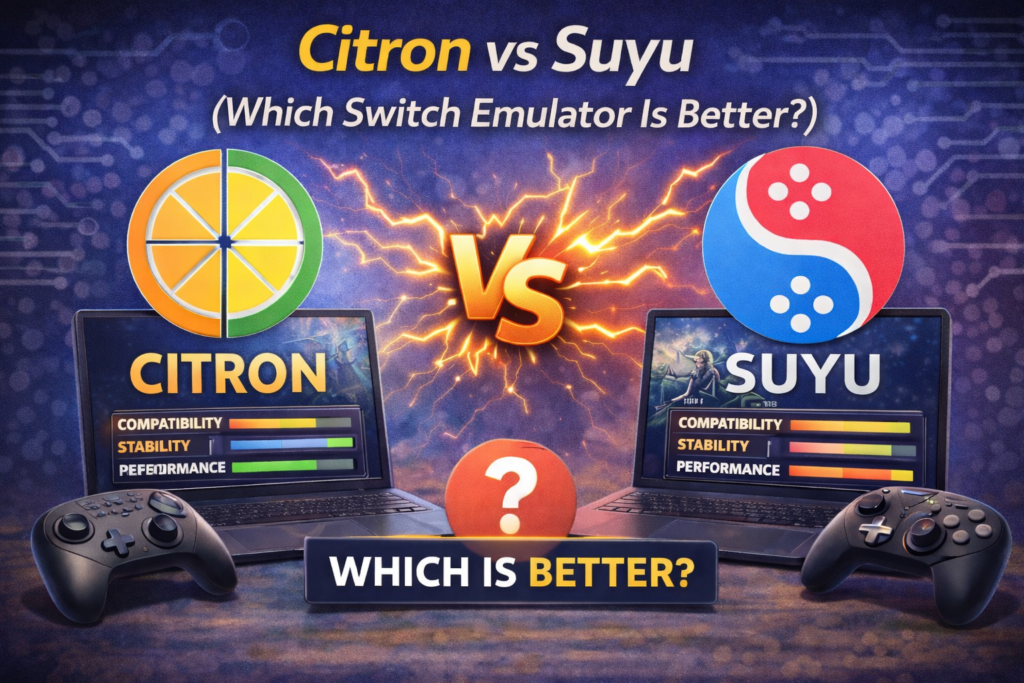 Citron vs Suyu – Which Switch Emulator Is Better? Citron vs Suyu Switch emulator comparison image showing both logos and Nintendo Switch consoles side by side